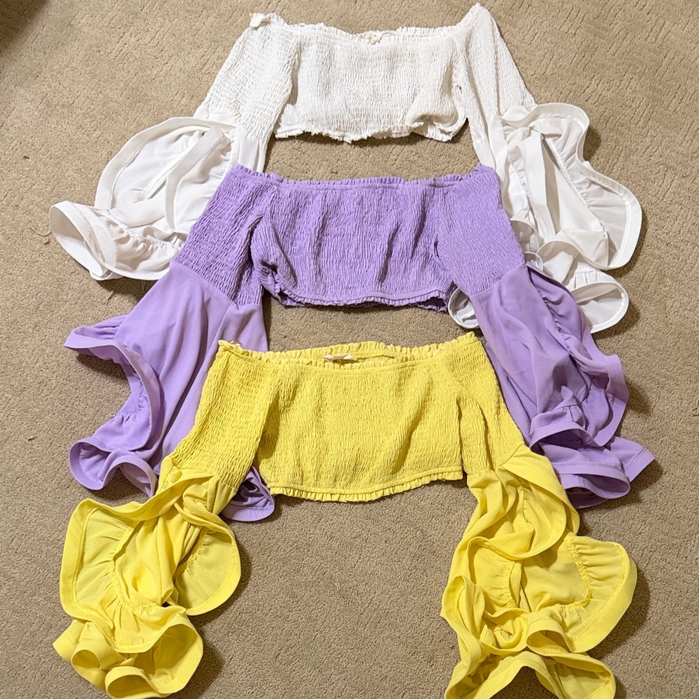 Fashion nova Off-Shoulder Ruffle Sleeve Crop Top - White / Lavender / Yellow